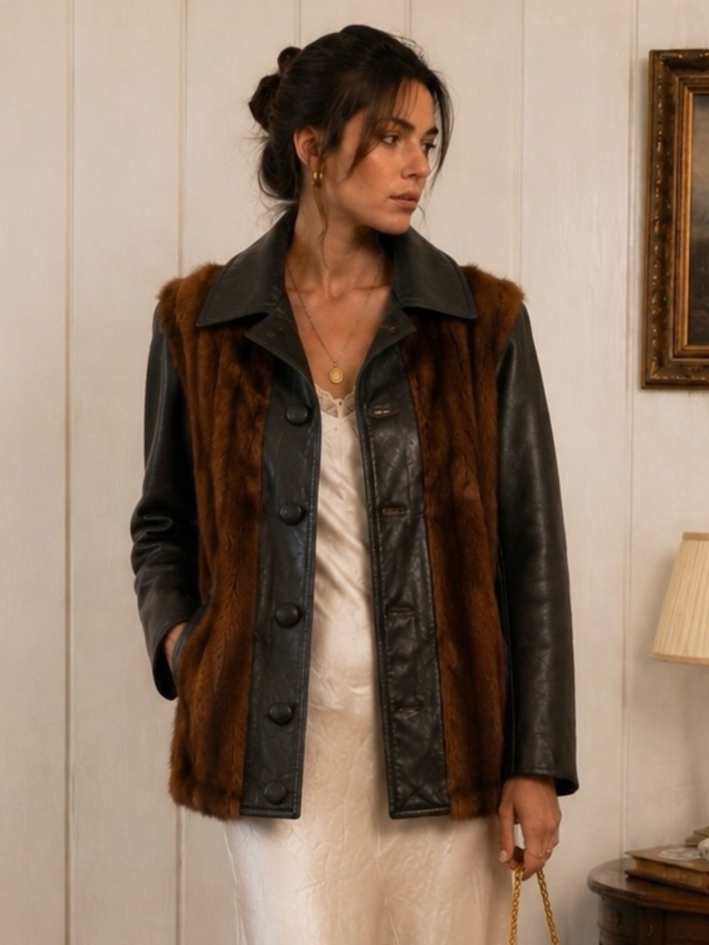 Vintage Brown Mink & Black Leather Jacket